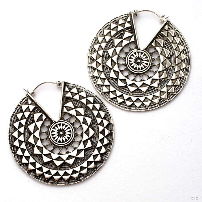 Temple of the Sun Earrings from Maya Jewelry in White Brass