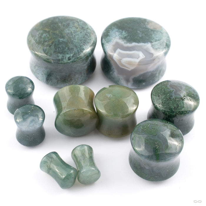 Moss Agate Plugs from Oracle in varying sizes