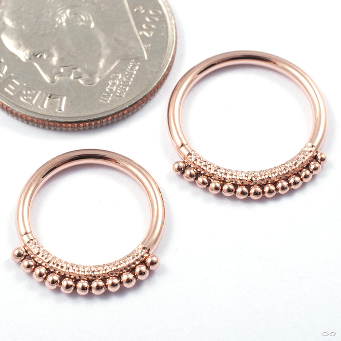Hammered Beaded Seam Ring in Gold from Dusk Body Jewelry in rose gold with a single row of beads