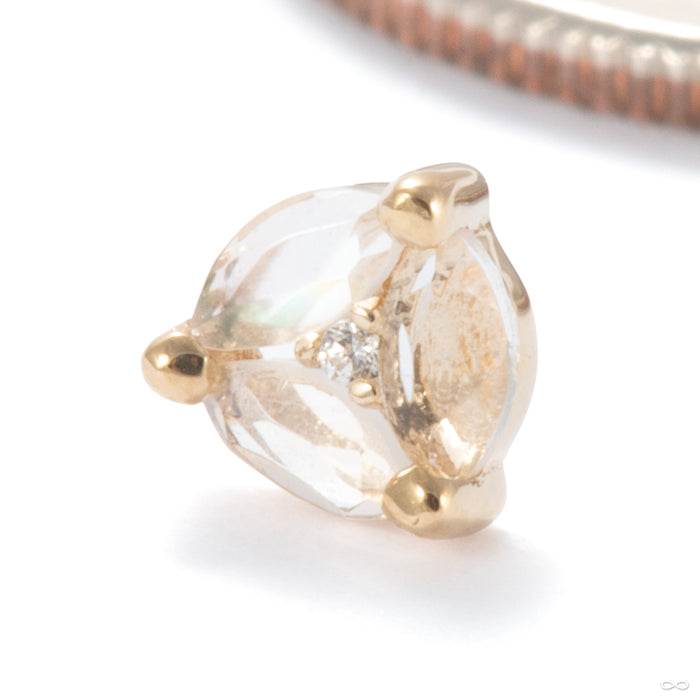 Triple Threat Press-fit End in 14k Yellow Gold with Rainbow Moonstone & Clear CZ from Ember Body Jewelry