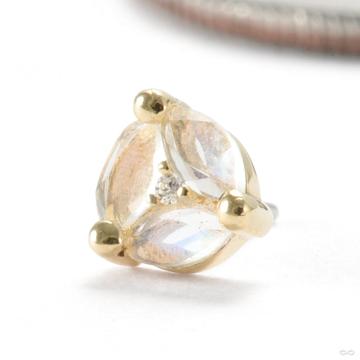 Triple Threat Press-fit End in Gold from Ember Body Jewelry with rainbow moonstone & clear CZ