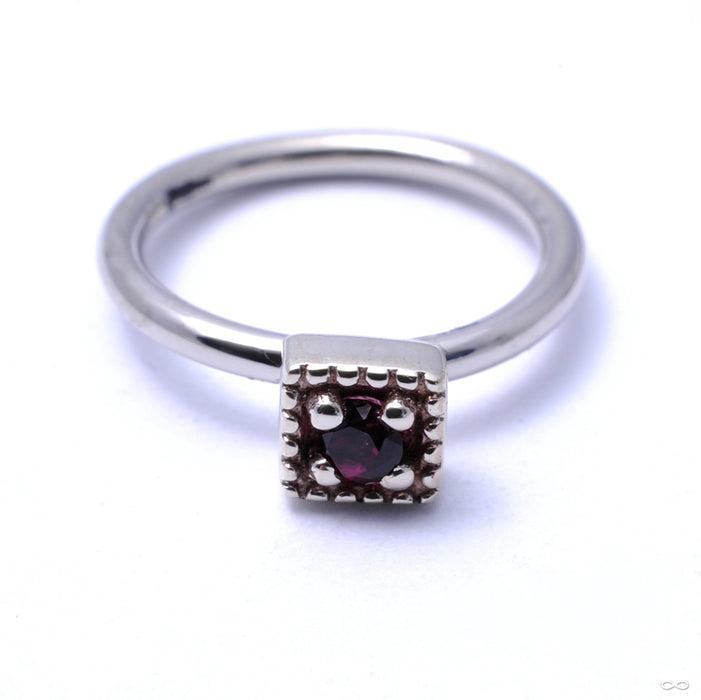 Millgrain Square Fixed Bead Ring in Gold from Scylla with Red Topaz