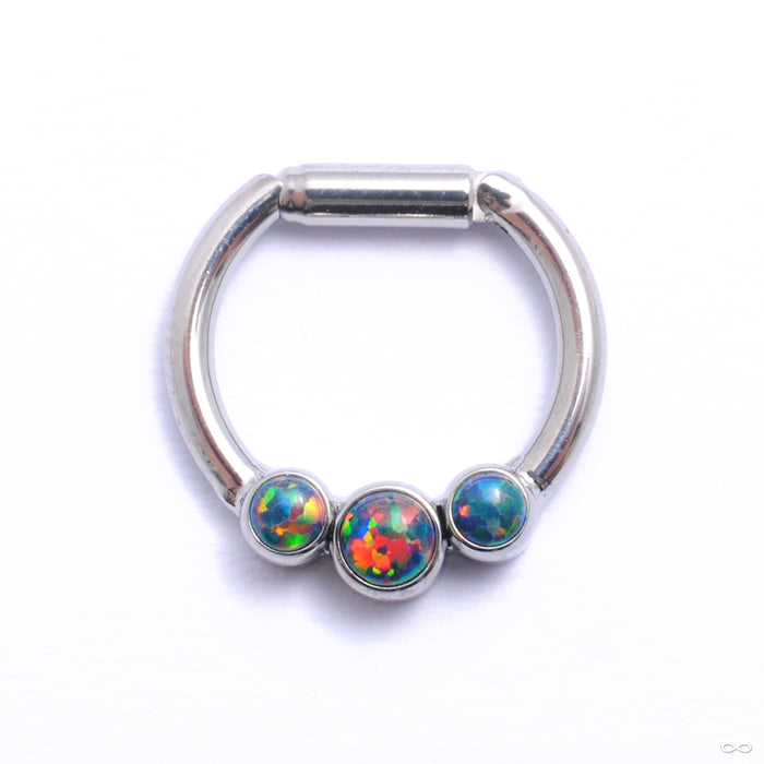 Hinged Ring with Three Bezel-set Gemstones in Titanium from Intrinsic with black opal