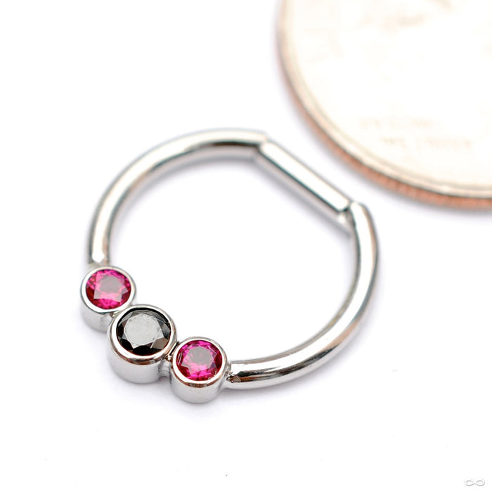 Hinged Ring with Three Bezel-set Gemstones in Titanium from Intrinsic with Black CZ & Ruby