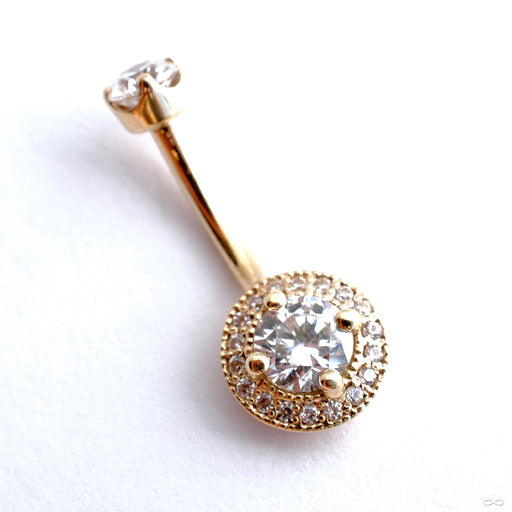 Round Halo Curved Barbell in Gold with Clear CZ from BVLA