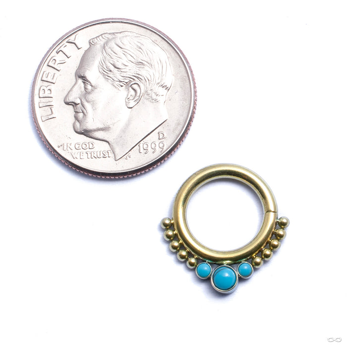 Beaded Seam Ring with 3 Stone Cluster from LeRoi with clear turquoise anodized gold