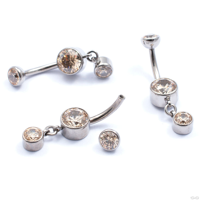 Bezel-set Faceted Gem Curved Barbell with Dangle in Titanium from Industrial Strength with champagne cz