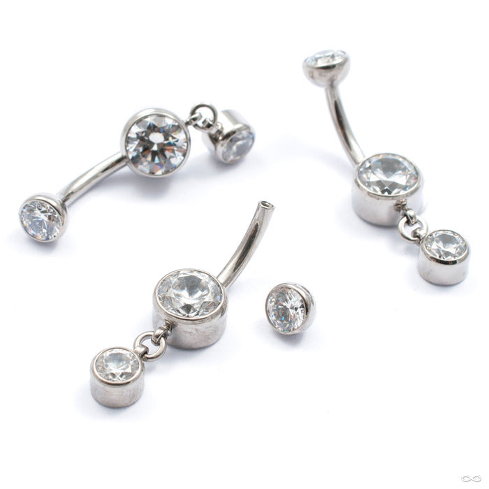 Bezel-set Faceted Gem Curved Barbell with Dangle in Titanium from Industrial Strength with clear cz