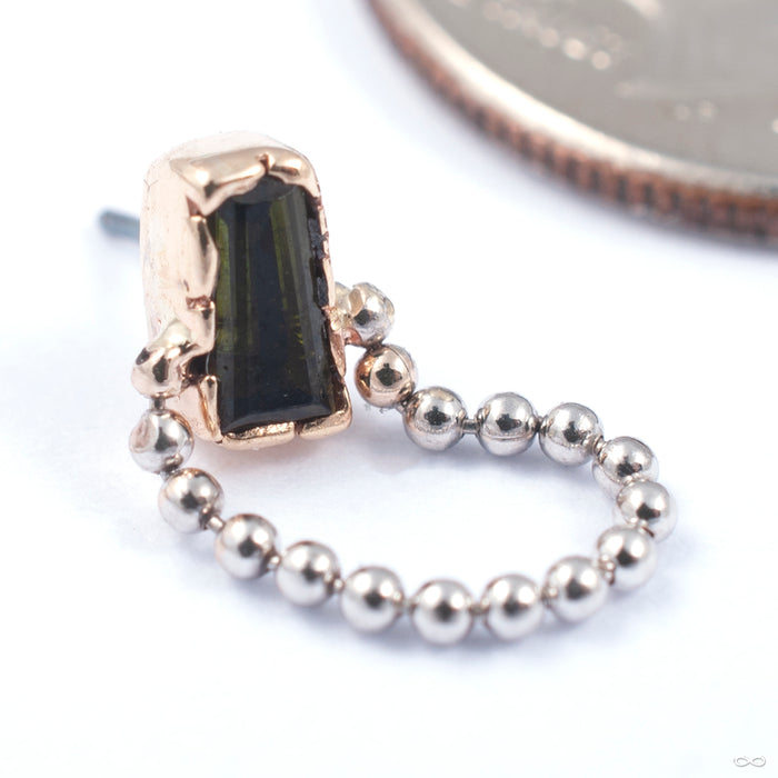 Chained Tapered Baguette Press-fit End in Gold from Sacred Symbols in yellow and white gold with greenn tourmaline