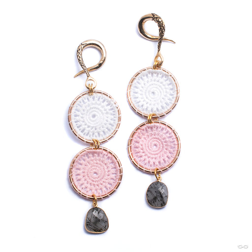 Crossover with Double Woven Ring and Stone Dangle from Oracle in white & pale pink with tourmalated quartz